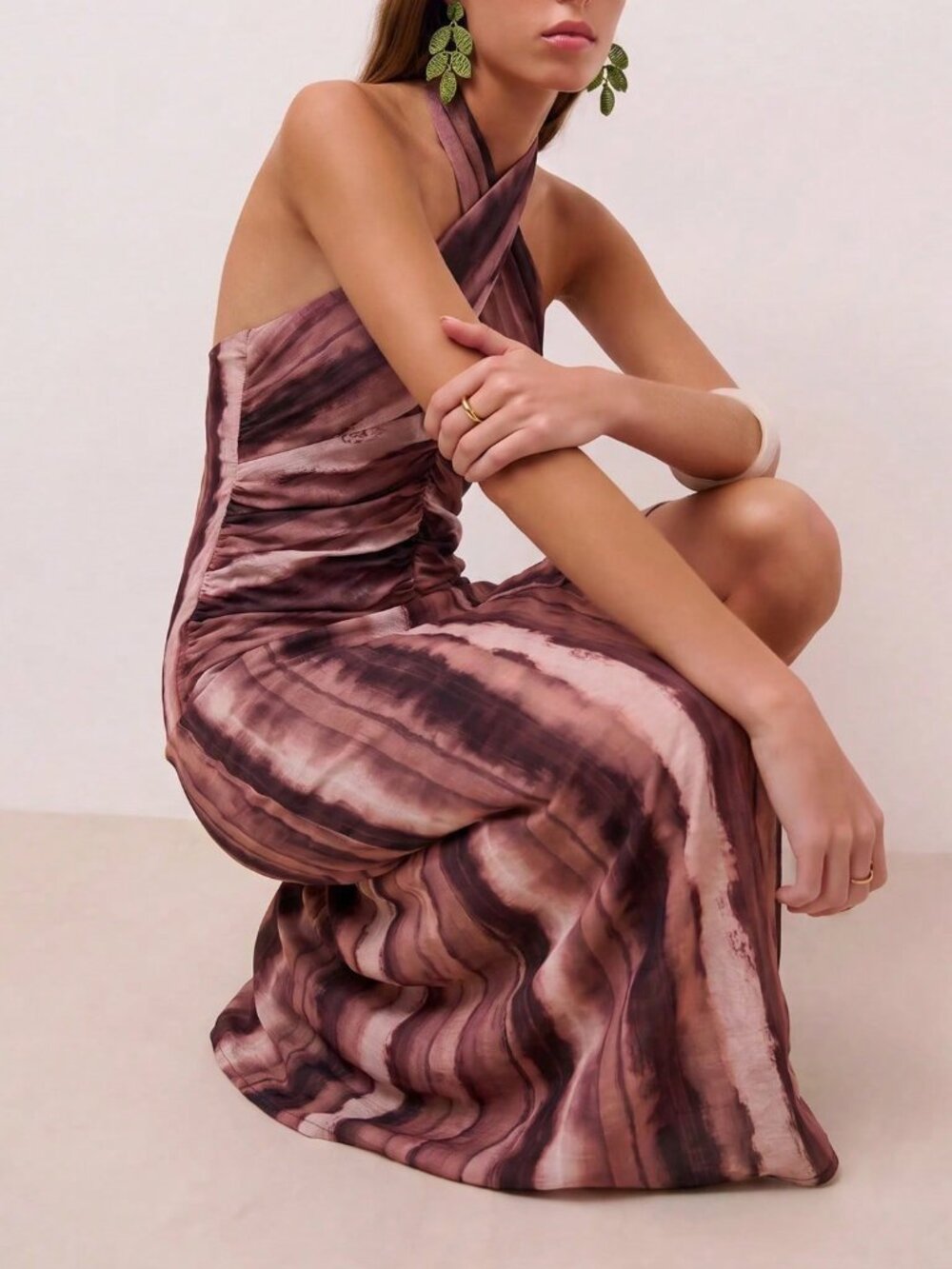 Burgundy Sexy Women's Backless Knot Split Thigh Halter A-Line Midi Dress - Picture 5 of 7